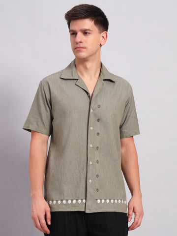 Men's grey Embroidered Cuban Collar Casual Shirt