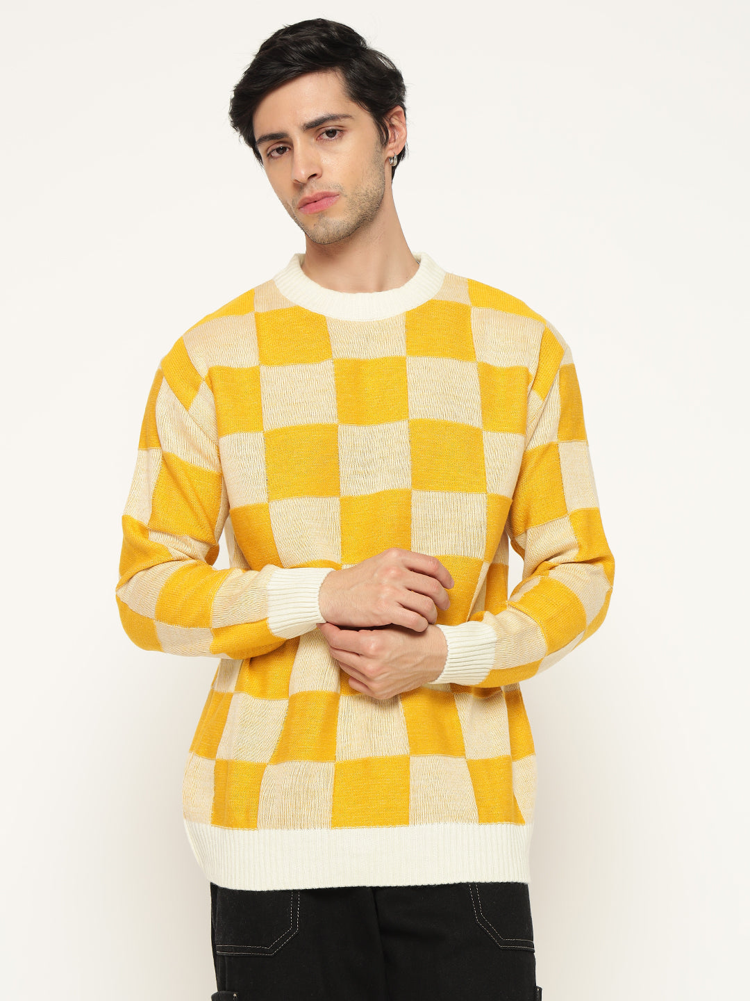 Regular Fit Yellow Checks Oversized Sweatshirts By Rebelaw