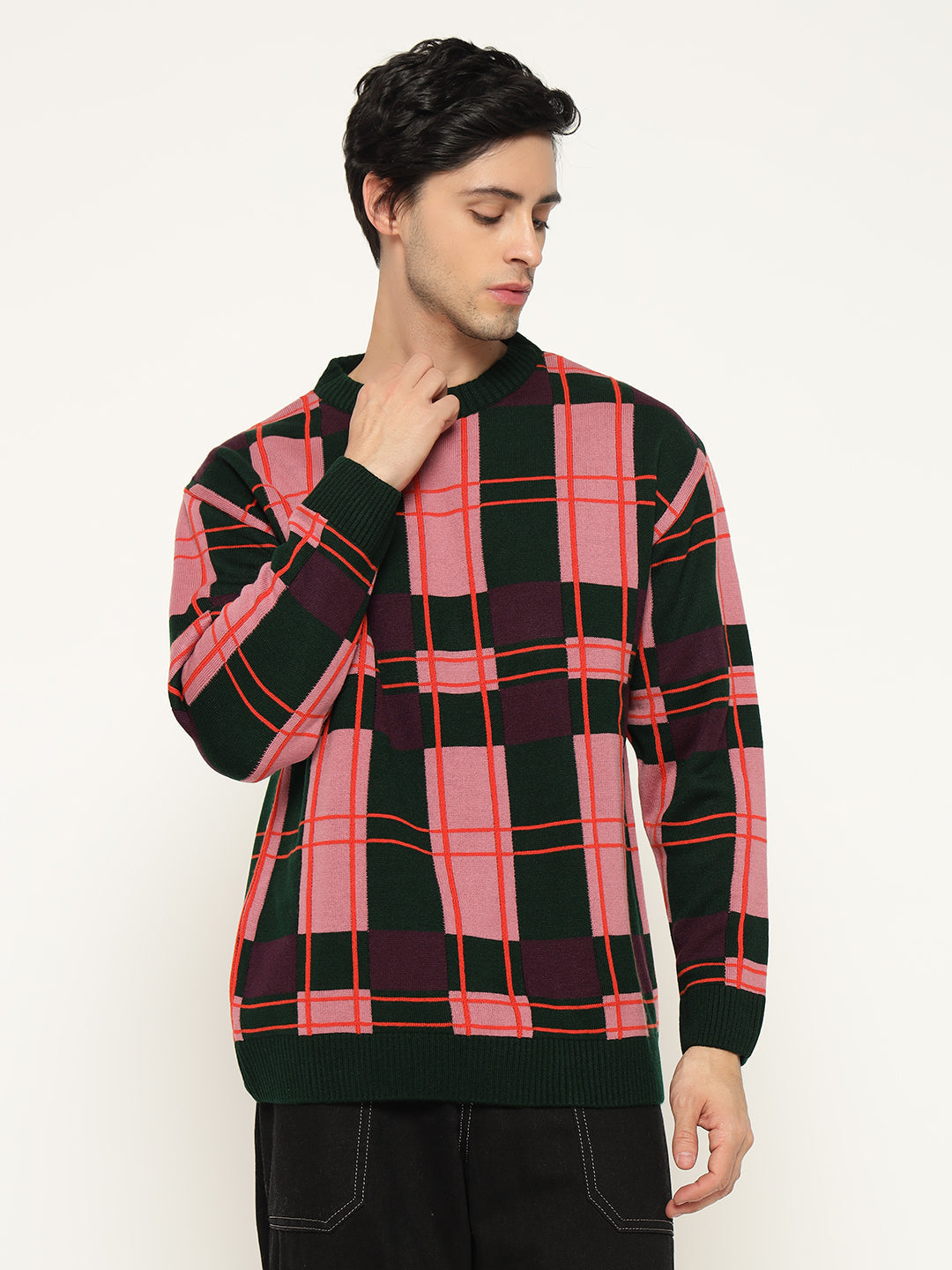 Regular Fit Green Pink Checkered Oversized Sweatshirts By Rebelaw